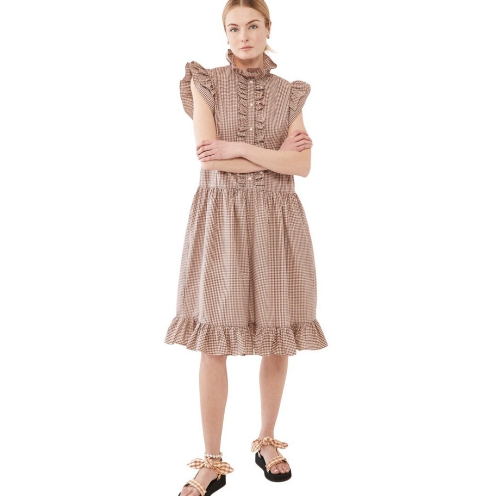 NEW Batsheva Claude Low-waist‎ Ruffled Gingham Cotton Dress Size 4